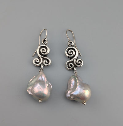 Sterling Silver Triskele Earrings with Large Freshwater Pearl Drops