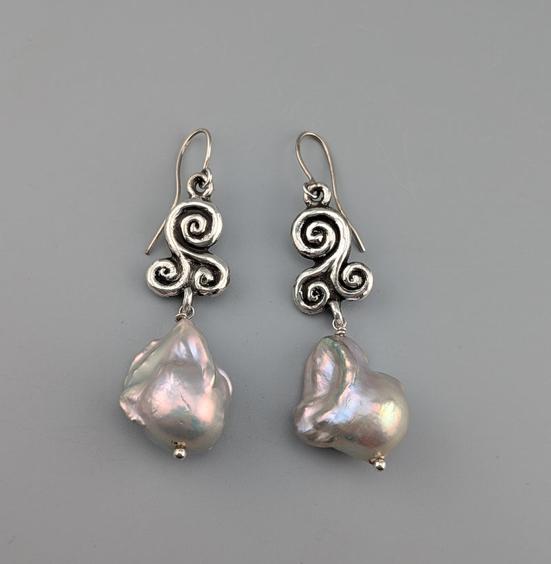 Sterling Silver Triskele Earrings with Large Freshwater Pearl Drops