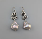 Sterling Silver Triskele Earrings with Large Freshwater Pearl Drops