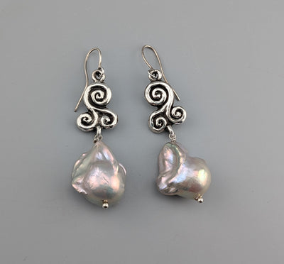 Sterling Silver Triskele Earrings with Large Freshwater Pearl Drops