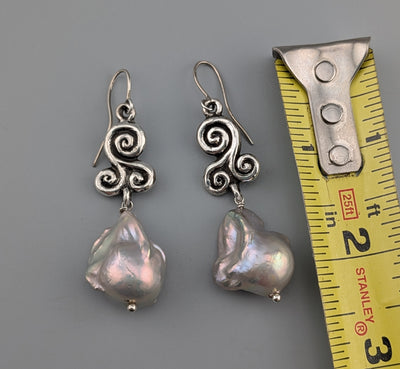 Sterling Silver Triskele Earrings with Large Freshwater Pearl Drops