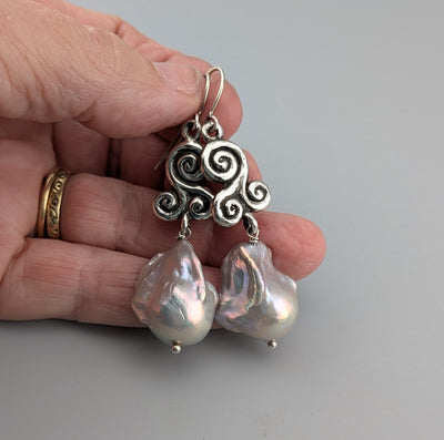 Sterling Silver Triskele Earrings with Large Freshwater Pearl Drops