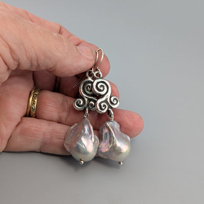 Sterling Silver Triskele Earrings with Large Freshwater Pearl Drops