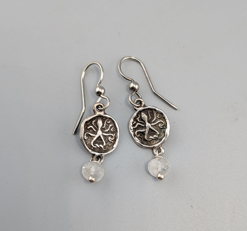 Sterling Silver Ancient Coin Replica Earrings, Octopus