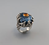 Carved Covellite and Spessartite Garnet, Sterling Silver Ring
