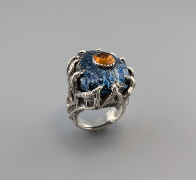 Carved Covellite and Spessartite Garnet, Sterling Silver Ring