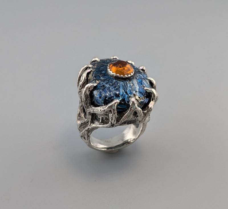 Carved Covellite and Spessartite Garnet, Sterling Silver Ring