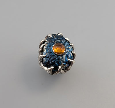 Carved Covellite and Spessartite Garnet, Sterling Silver Ring