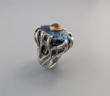 Carved Covellite and Spessartite Garnet, Sterling Silver Ring