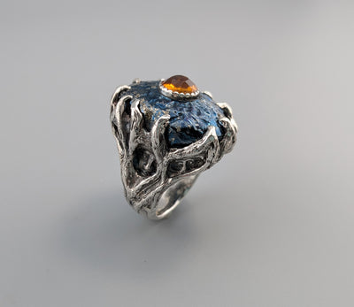 Carved Covellite and Spessartite Garnet, Sterling Silver Ring