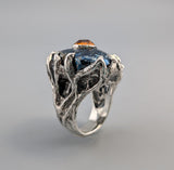 Carved Covellite and Spessartite Garnet, Sterling Silver Ring