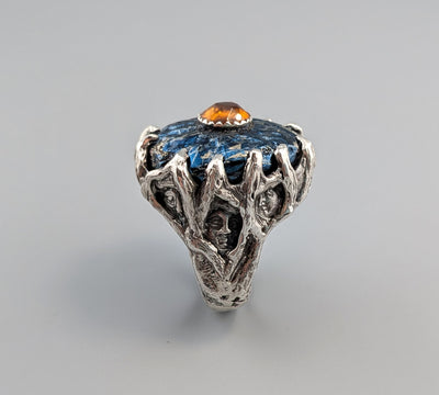 Carved Covellite and Spessartite Garnet, Sterling Silver Ring