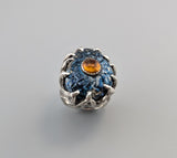 Carved Covellite and Spessartite Garnet, Sterling Silver Ring
