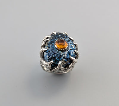 Carved Covellite and Spessartite Garnet, Sterling Silver Ring