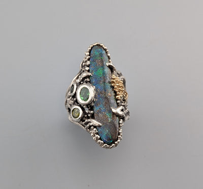 Yowah Boulder Opal, Sterling Silver and 14kt Gold Ring