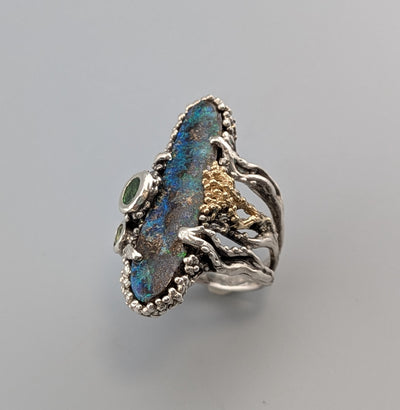 Yowah Boulder Opal, Sterling Silver and 14kt Gold Ring