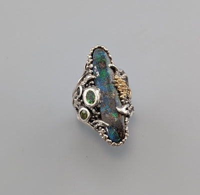 Yowah Boulder Opal, Sterling Silver and 14kt Gold Ring