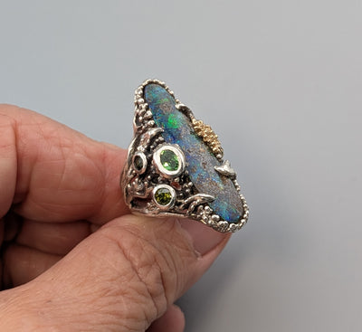 Yowah Boulder Opal, Sterling Silver and 14kt Gold Ring