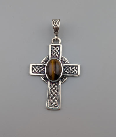 Large Sterling Silver Celtic Cross with Tiger Eye