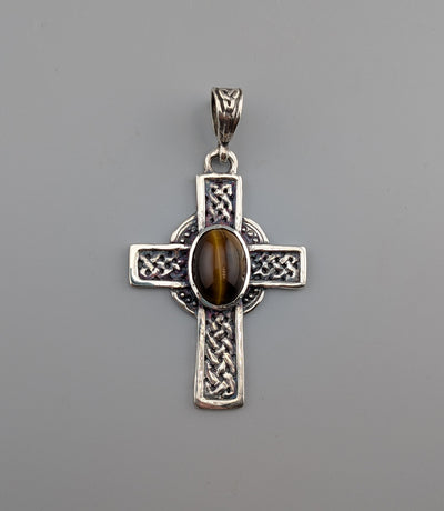 Large Sterling Silver Celtic Cross with Tiger Eye