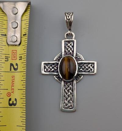 Large Sterling Silver Celtic Cross with Tiger Eye