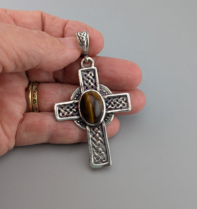 Large Sterling Silver Celtic Cross with Tiger Eye
