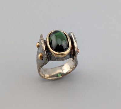 Tourmaline Cabochon, Sterling Silver and 14kt Gold Ring