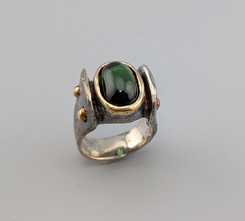 Tourmaline Cabochon, Sterling Silver and 14kt Gold Ring