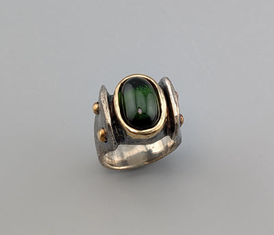 Tourmaline Cabochon, Sterling Silver and 14kt Gold Ring