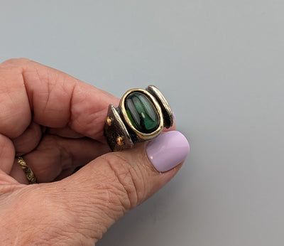 Tourmaline Cabochon, Sterling Silver and 14kt Gold Ring