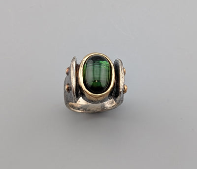 Tourmaline Cabochon, Sterling Silver and 14kt Gold Ring