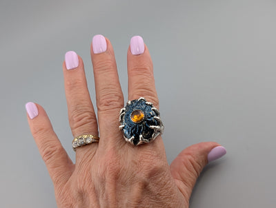 Carved Covellite and Spessartite Garnet, Sterling Silver Ring