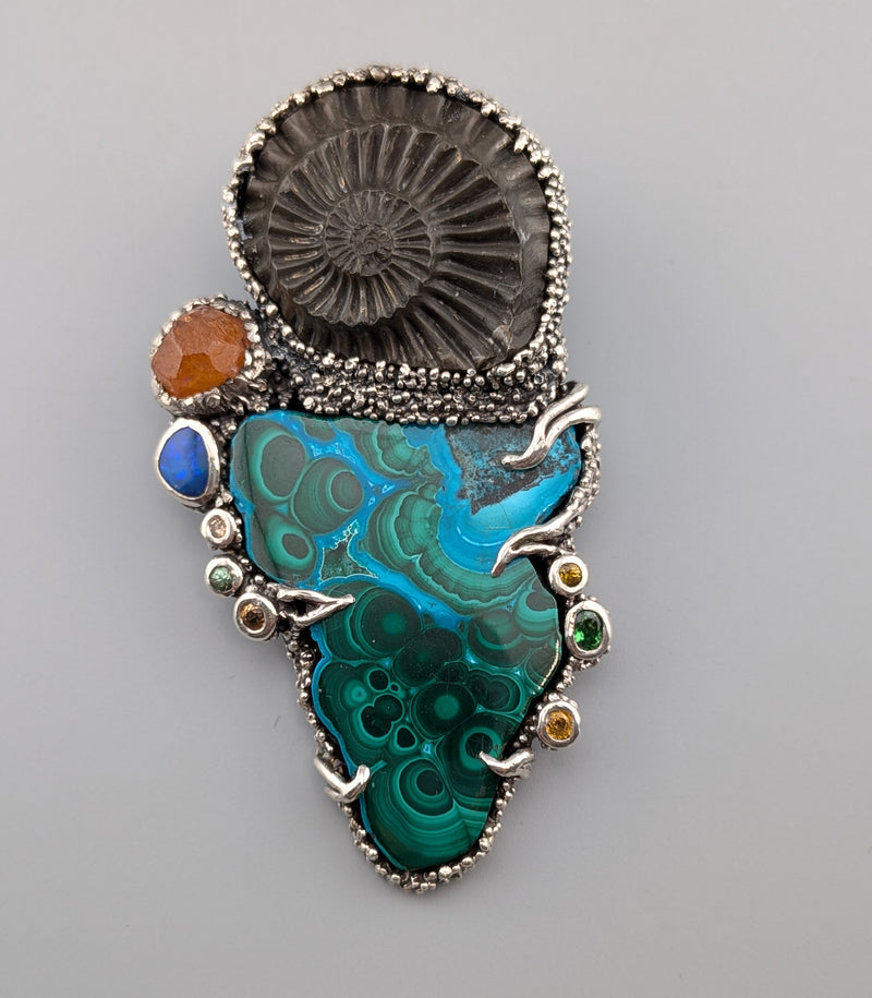 Malachite, Ammonite Fossil, Sterling Silver Pendant