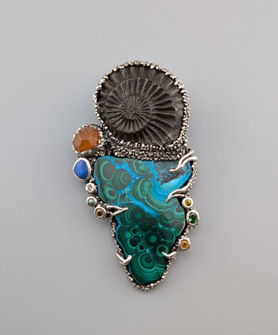 Malachite, Ammonite Fossil, Sterling Silver Pendant