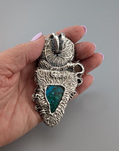 Malachite, Ammonite Fossil, Sterling Silver Pendant