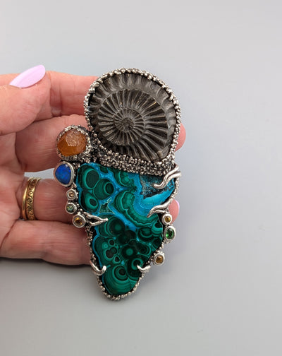 Malachite, Ammonite Fossil, Sterling Silver Pendant