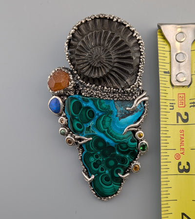Malachite, Ammonite Fossil, Sterling Silver Pendant
