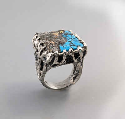 Carved Native Silver Ore and Turquoise, Sterling Silver Ring