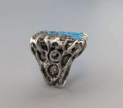 Carved Native Silver Ore and Turquoise, Sterling Silver Ring