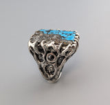 Carved Native Silver Ore and Turquoise, Sterling Silver Ring