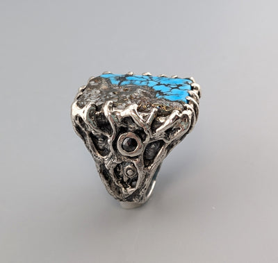 Carved Native Silver Ore and Turquoise, Sterling Silver Ring