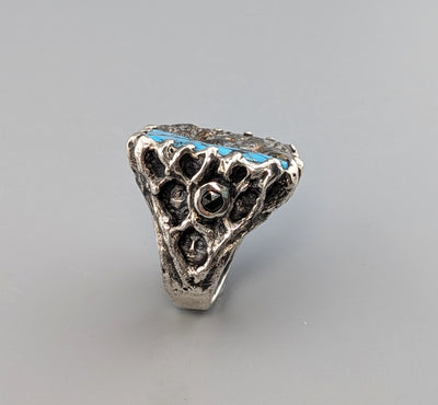 Carved Native Silver Ore and Turquoise, Sterling Silver Ring