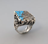 Carved Native Silver Ore and Turquoise, Sterling Silver Ring