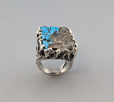 Carved Native Silver Ore and Turquoise, Sterling Silver Ring