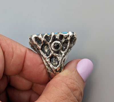Carved Native Silver Ore and Turquoise, Sterling Silver Ring