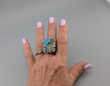 Carved Native Silver Ore and Turquoise, Sterling Silver Ring