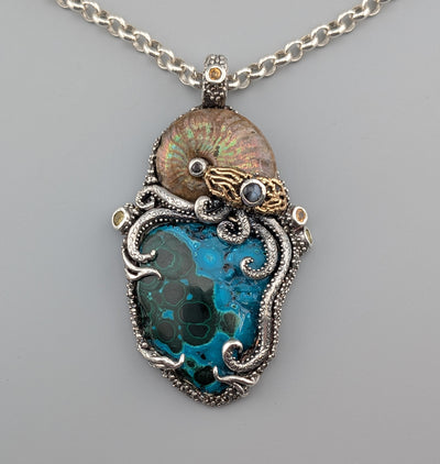 Malachite/Chrysocolla, Sterling Silver and 14kt Gold Jurassic Classic Pendant
