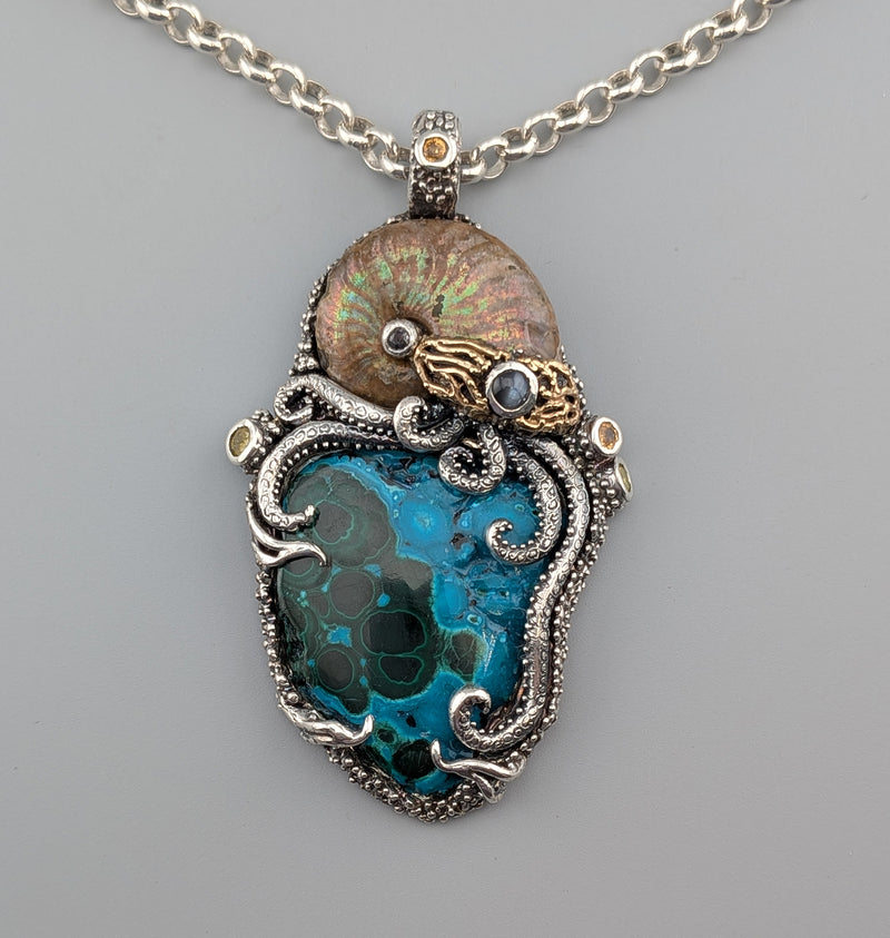 Malachite/Chrysocolla, Sterling Silver and 14kt Gold Jurassic Classic Pendant