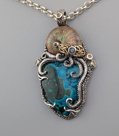 Malachite/Chrysocolla, Sterling Silver and 14kt Gold Jurassic Classic Pendant