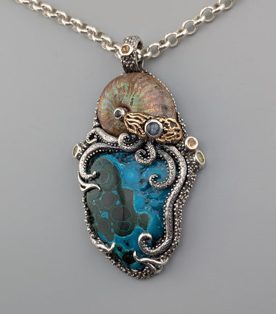 Malachite/Chrysocolla, Sterling Silver and 14kt Gold Jurassic Classic Pendant